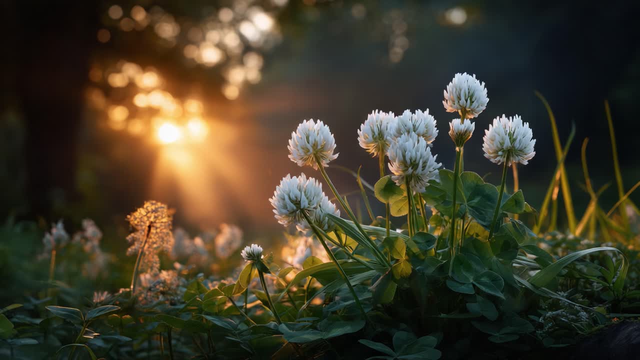 A Serene Morning with Clover Blossoms Bathed in Soft Sunlight, Capturing the Beauty of Nature in a Tranquil Moment Full of Radiant Blossoms and Gentle Light