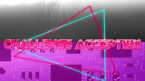 animation of challenge accepted text over geometrical shapes and processor cores