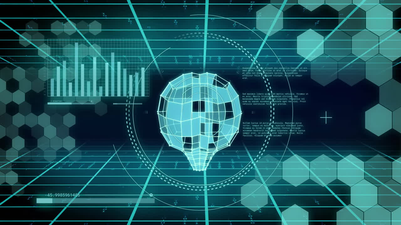 Animation of human brain and digital data processing over black background