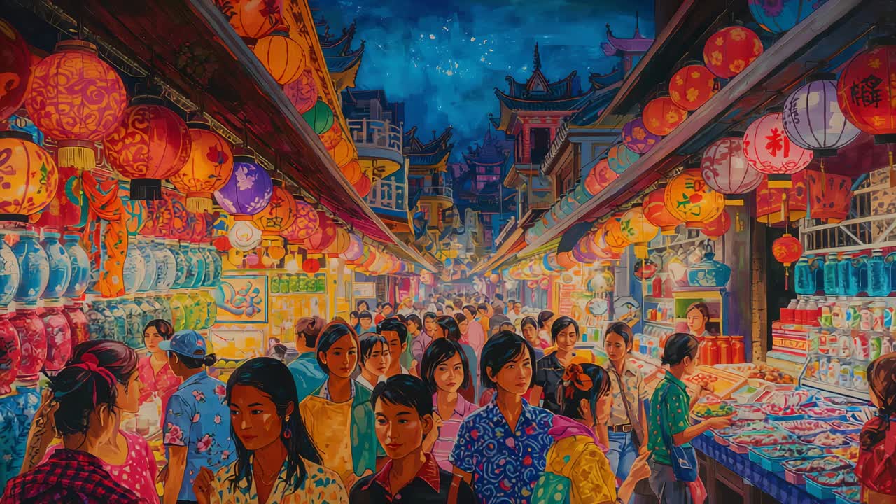 夜市でカメラが近づくにつれて移動し、提灯を買うカラフルなシャツを着た群衆。