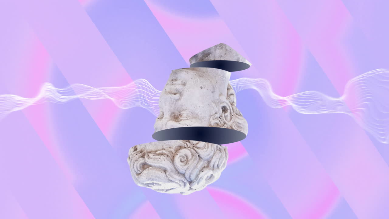 Animation of ancient sculpture head moving over waving multi coloured background
