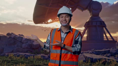 asian male engineer with safety helmet smiling and pointing to side while standing with large satellite dish