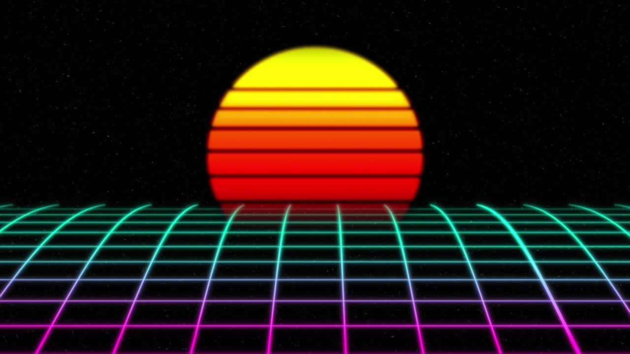 fondo de la cuadrícula retro futurista del atardecer