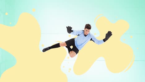 Animation-of-football-goalkeeper-over-yellow-squiggles-on-green-background
