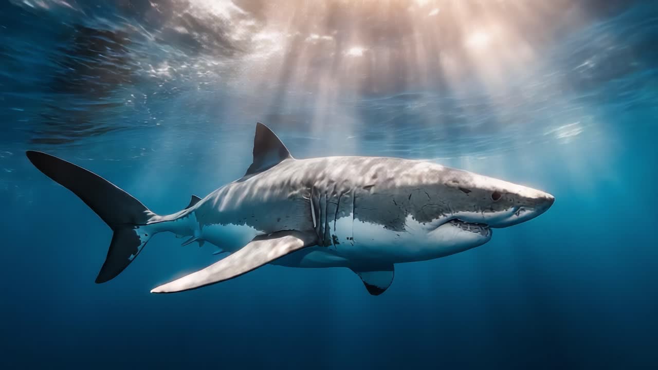 A Majestic Great White Shark Gliding Through Crystal Clear Ocean Waters, Captured in Stunning Detail Beneath Sunlit Waves, Showcasing Its Grace and Power in the Underwater World