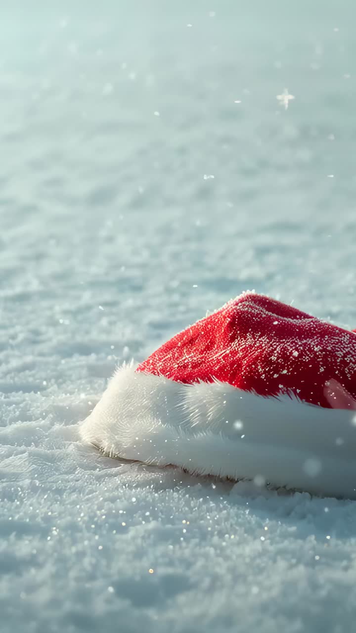Vertical video: Falling flakes dusting red Santa hat with white trim on snowy ground, copy space