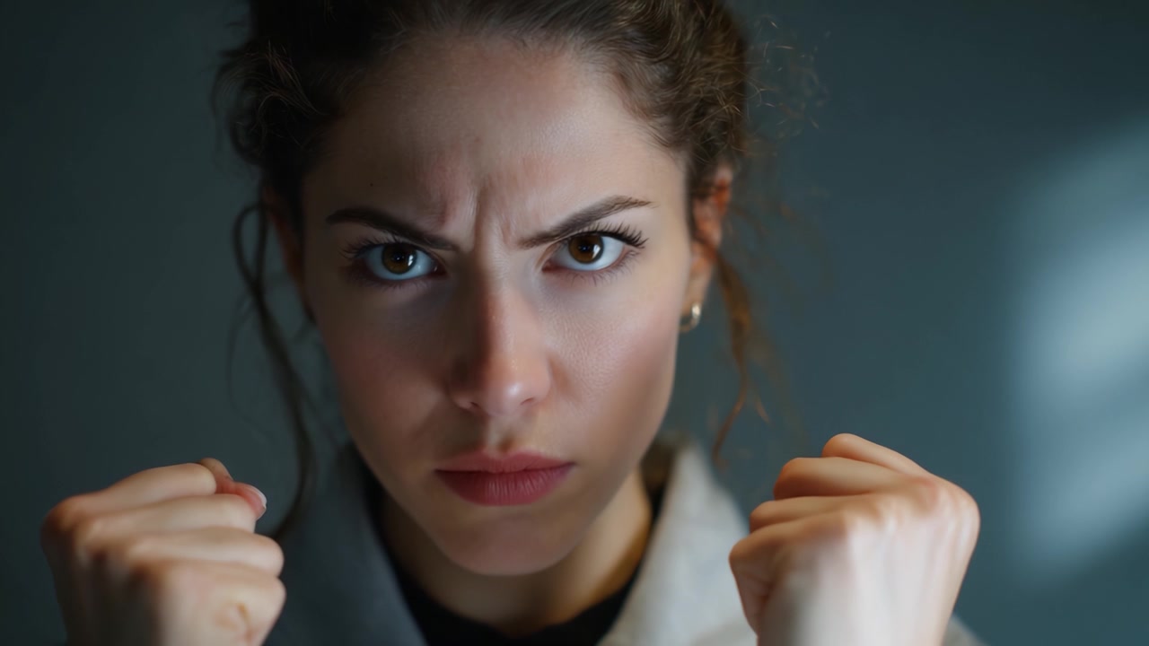 Una donna determinata mostra ferma determinazione e forza con i pugni chiusi, esibendo la sua espressione potente e la prontezza ad affrontare qualsiasi sfida