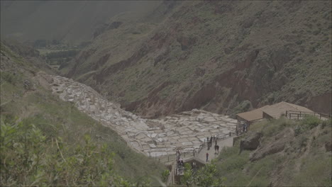 moving shot looking down on the maras salt mines in peru on a cloudy day log