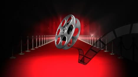 movie film reel with flashing lights and red carpet