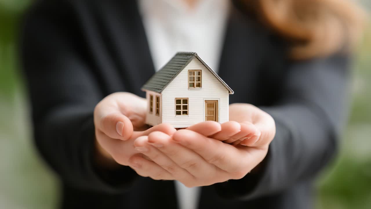 Una persona sostiene delicadamente una maqueta de casa en miniatura en sus manos, simbolizando la propiedad de vivienda, el cuidado y la importancia del sector inmobiliario en la vida personal y comunitaria.