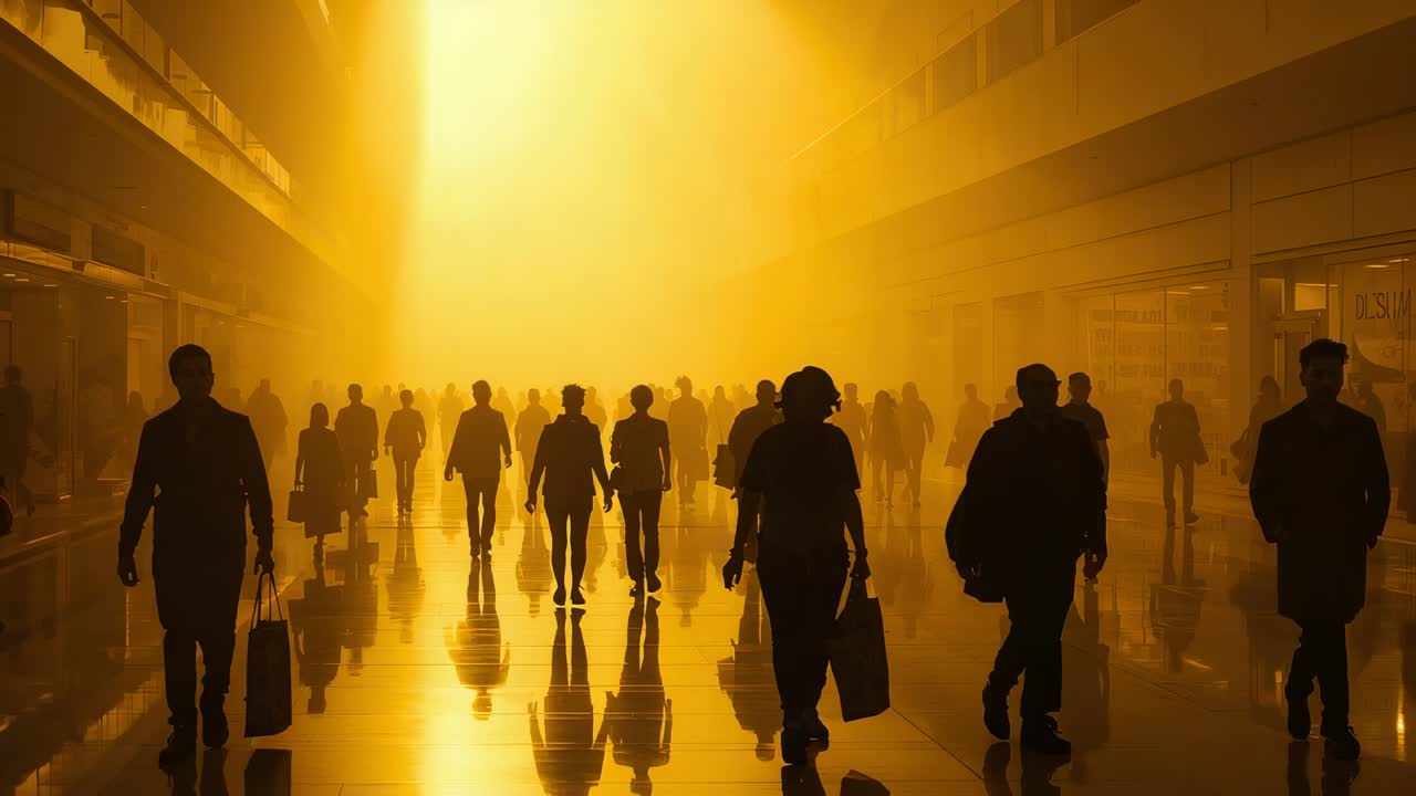Moving backlit people walking toward camera in mall, drawn by golden light, carrying bags, in coats