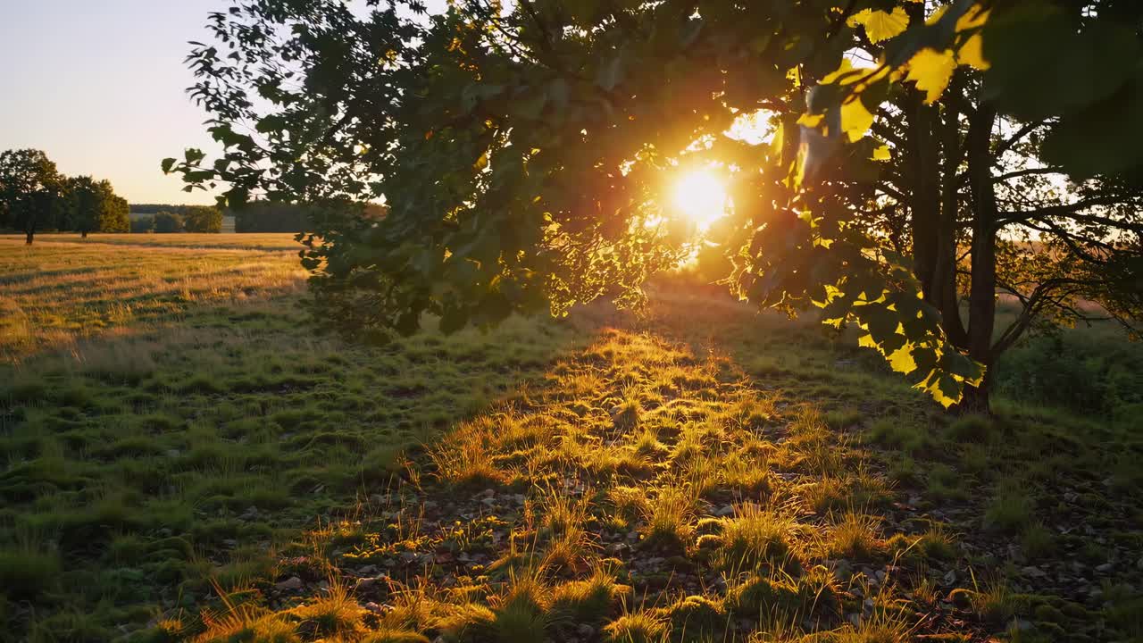 A serene nature video captures sunlight filtering through trees at a low angle, casting long shadows