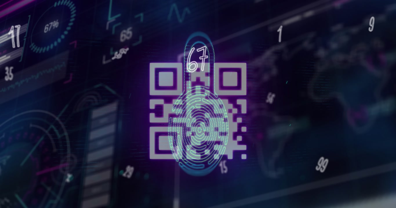 Animation of qr code and biometric fingerprint over data processing