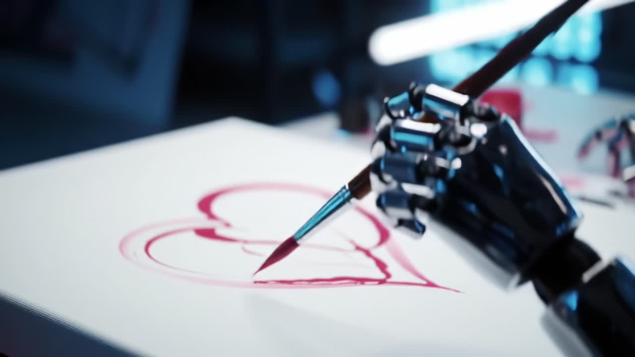 A Robotic Hand Skillfully Paints a Heart on Canvas, Showcasing a Blend of Technology and Artistry in a Stunning Display of Innovation