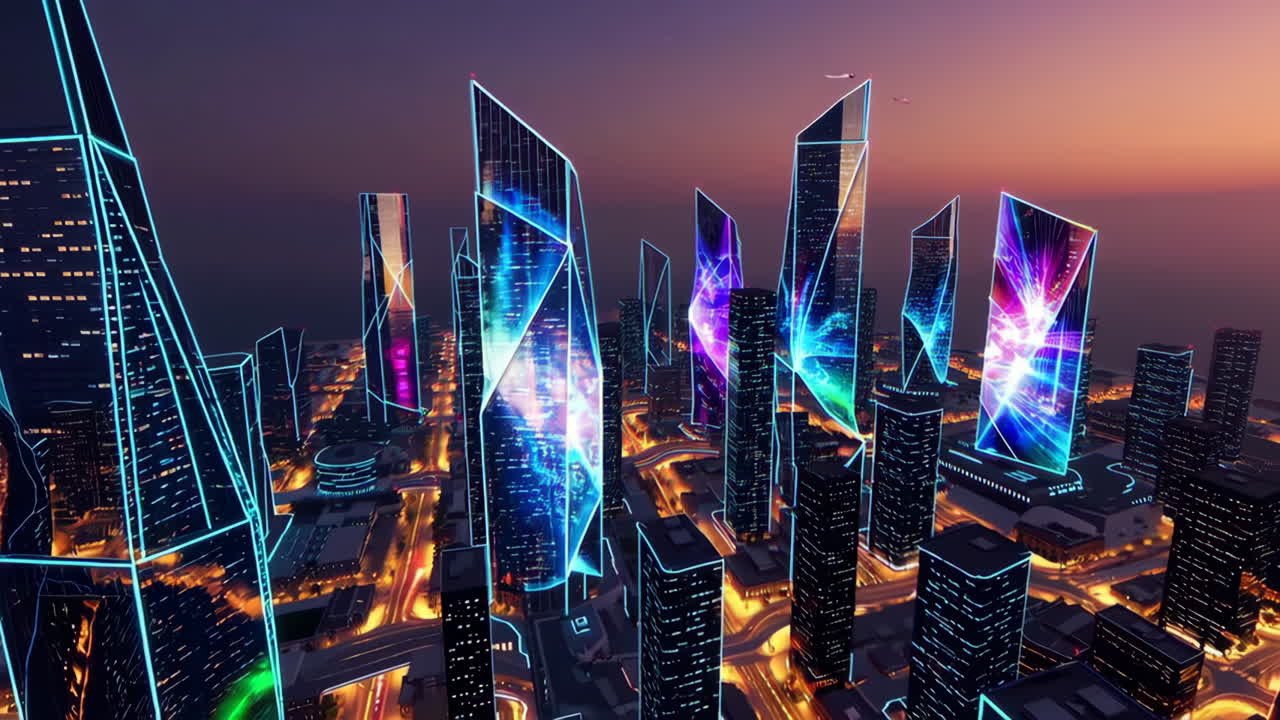 paisaje urbano futurista al atardecer