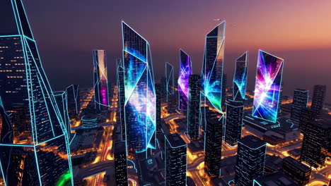 paisaje urbano futurista al atardecer