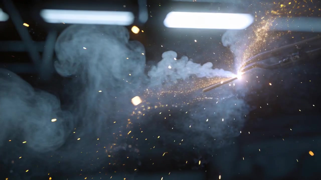 Sparking welding arc creating plume of smoke and sparks during cutting, sweeping shop with cables