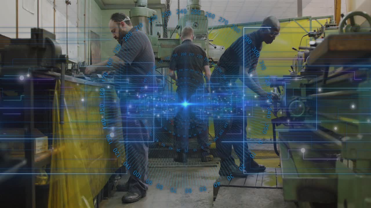 Three techs at stations, right tech turning wheel starting blue AR overlay linking parts for checks