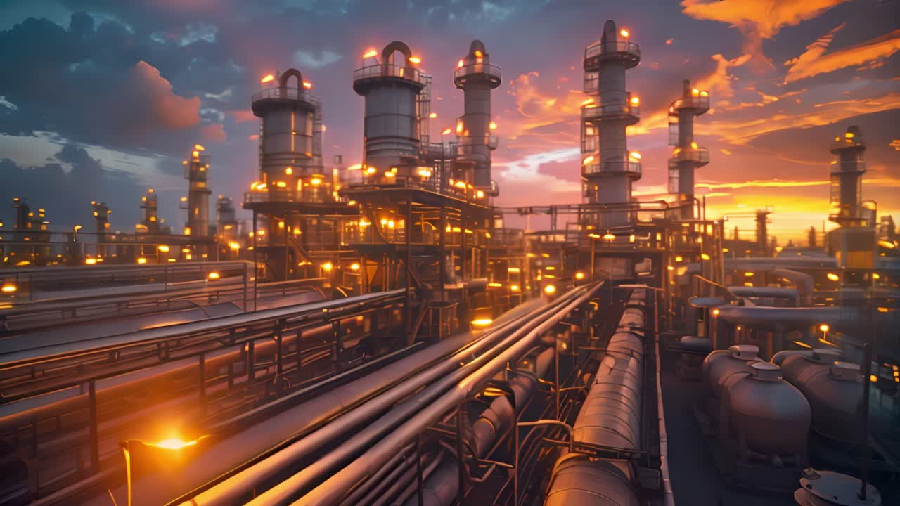 Industrial Complex with Glowing Lights at Dusk