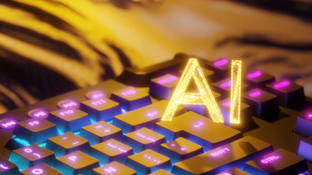 Glowing yellow letters AI above illuminated computer keyboard with digital background. Artificial intelligence and technology concept. Design for banner, poster, wallpaper, header