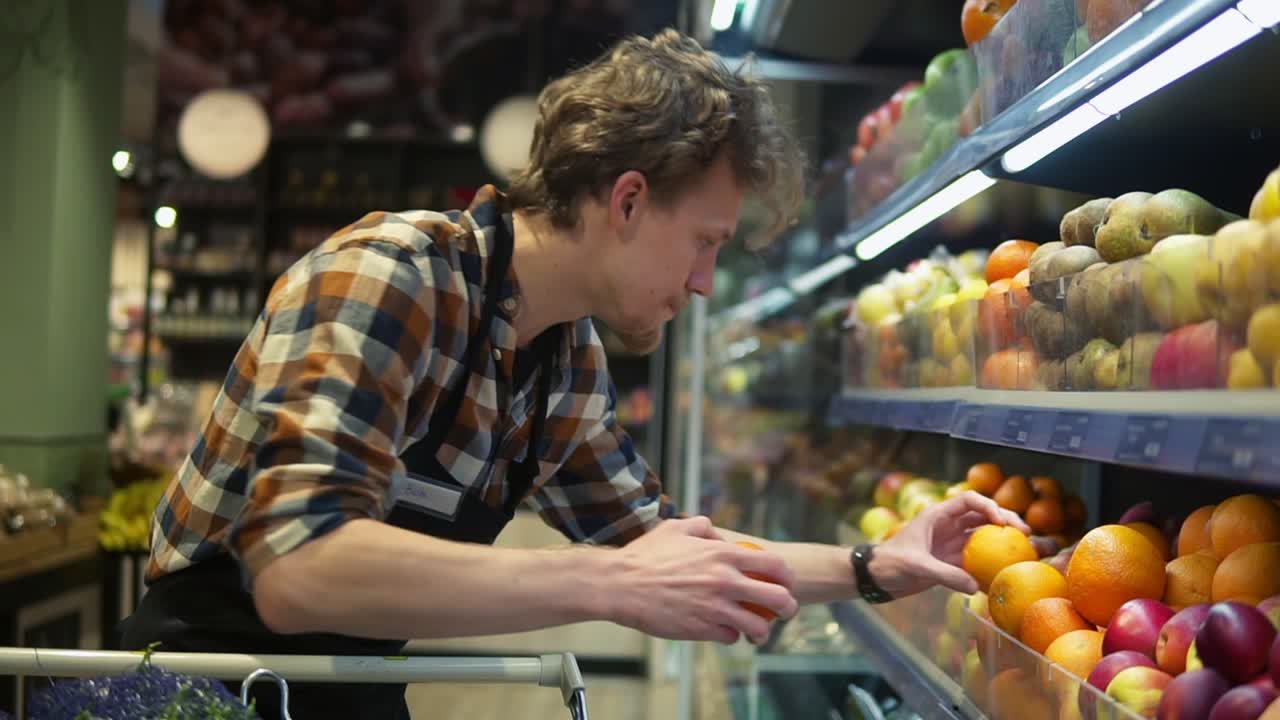 en el supermercado: guapo empleado de almacén con un delantal negro, organizando frutas y verduras orgánicas. agregando naranjas frescas en el estante de la tienda. cámara lenta