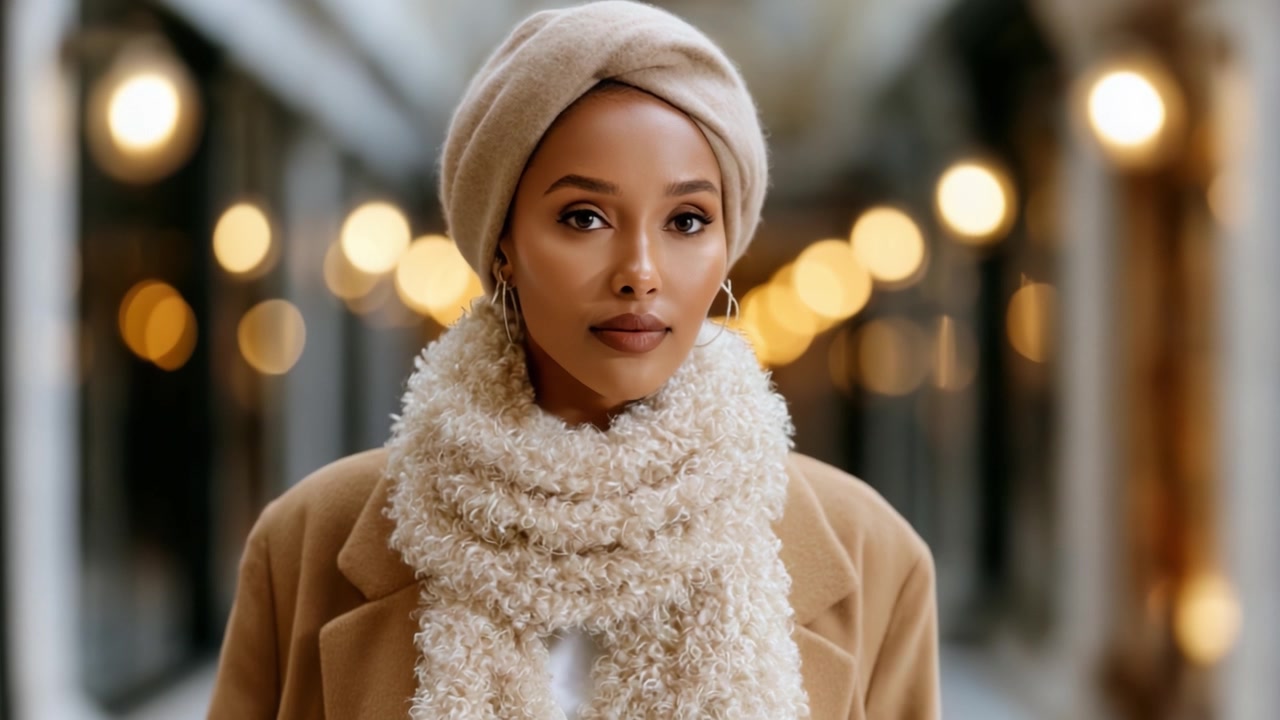 Un accogliente ritratto di moda autunnale che mostra una giovane donna con una sciarpa e un cappello eleganti, circondata da calde luci bokeh in un ambiente elegante.