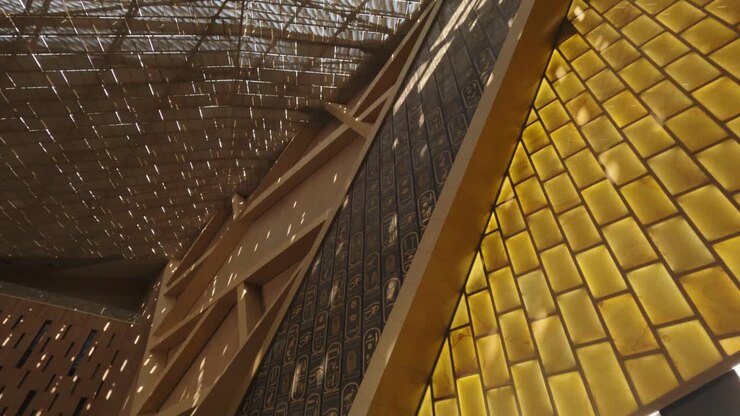 Modern Museum Interior with Egyptian Patterns and Filtered Sunlight
