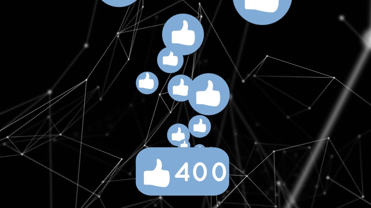 Animazione di icone di social media su una rete di connessioni con statistiche