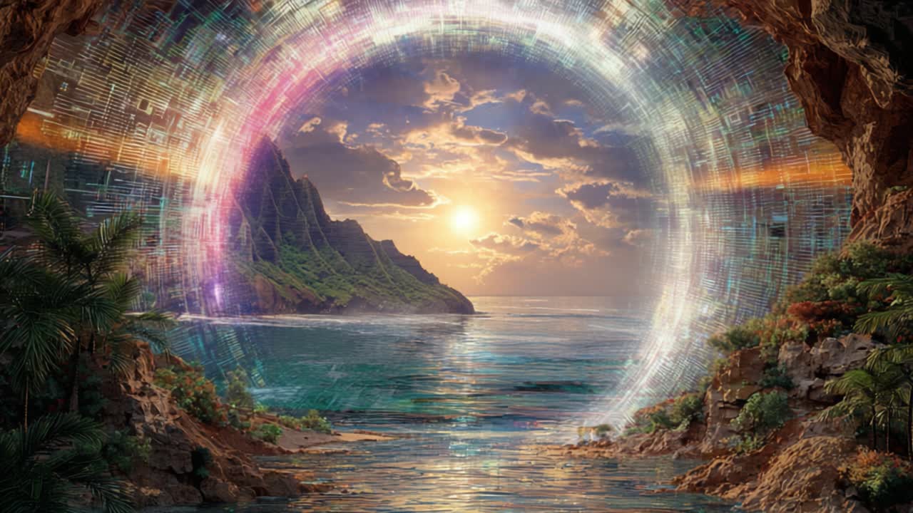 Un viaggio affascinante attraverso un portale scintillante, che rivela uno scenario costiero mozzafiato mentre il sole tramonta all'orizzonte, fondendo la natura con meraviglie digitali.