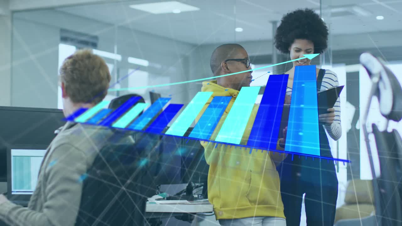Animation of data processing over diverse business people at office