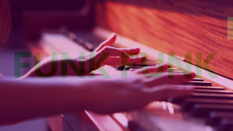 animation of funk text over child playing piano with pink tint