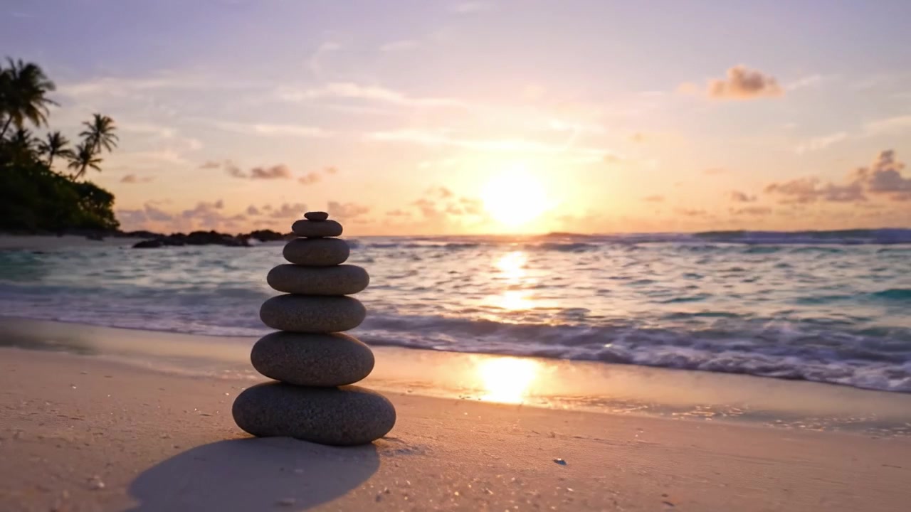 A Serene Sunset Scene Featuring a Stack of Smooth Stones on a Tranquil Beach, Bathed in Warm Light from the Setting Sun Over Calm Ocean Waters