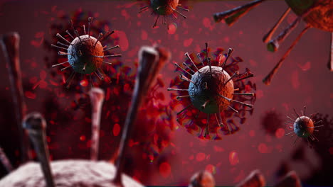 Representación-De-Animación-Macro-Coronavirus-Covid-19-De-Virus-Patógenos-Rojos-Flotando-En-Células-Sanguíneas-Y-Fondo-De-Hemoglobina