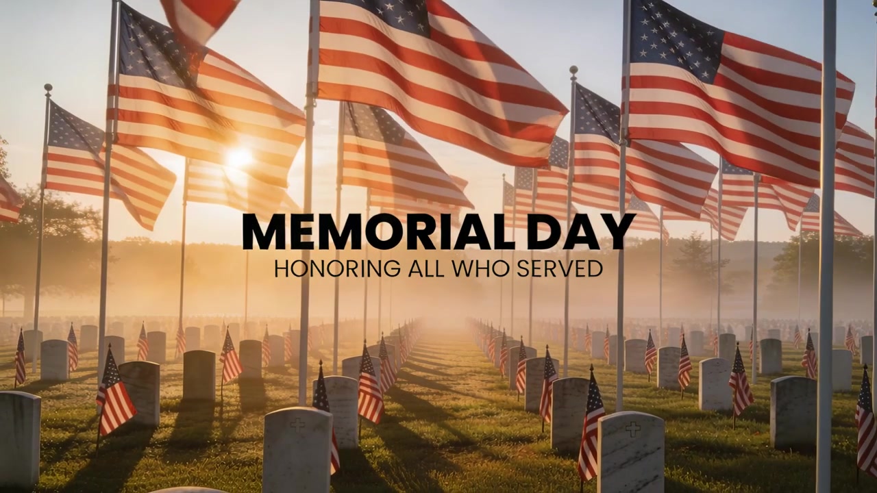 Rippling US flags moving by breeze, sun rising thinning mist amid graves, memorial honoring service