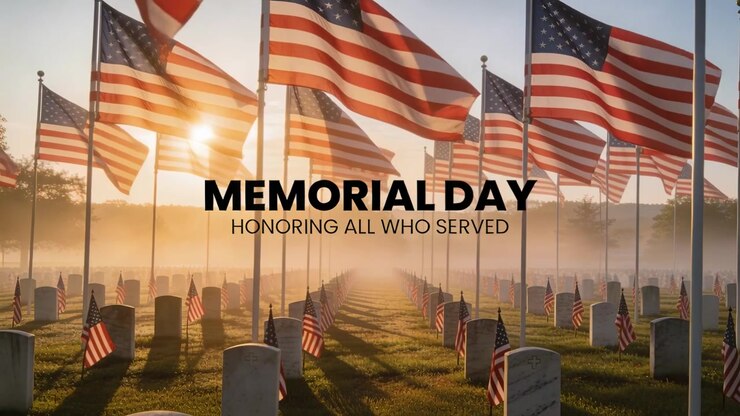 Rippling US flags moving by breeze, sun rising thinning mist amid graves, memorial honoring service