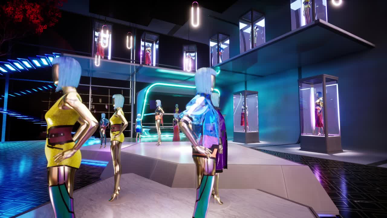 패션 룸에서 옷을 입고 서있는 패션 인형의 3d 애니메이션