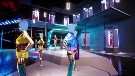 animación 3d de muñecas de moda de pie vestidas en una sala de moda