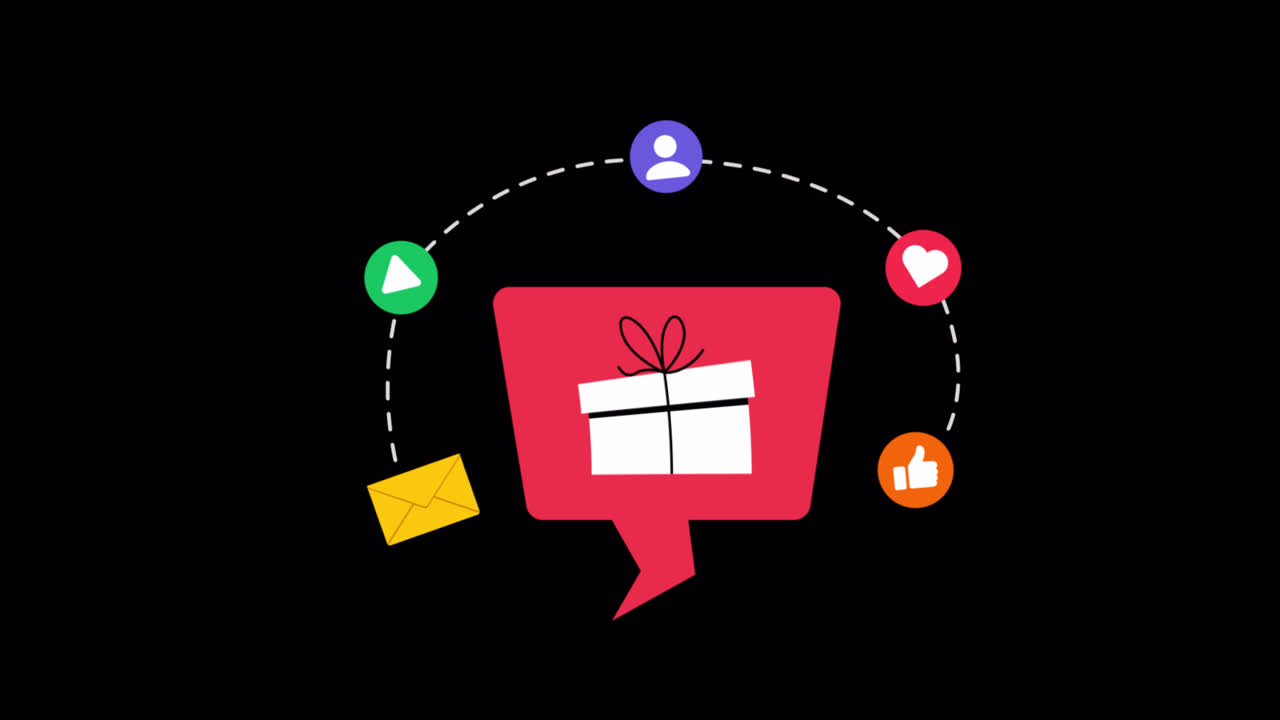 Gift Box in Speech Bubble with Orbiting Social Media Icons