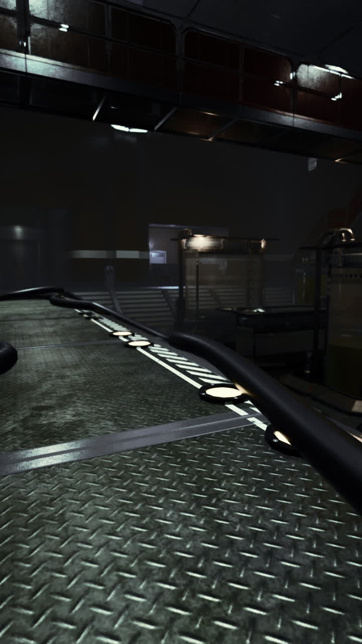un interior industrial oscuro con pisos y escaleras de metal. parece una fábrica o almacén abandonado.