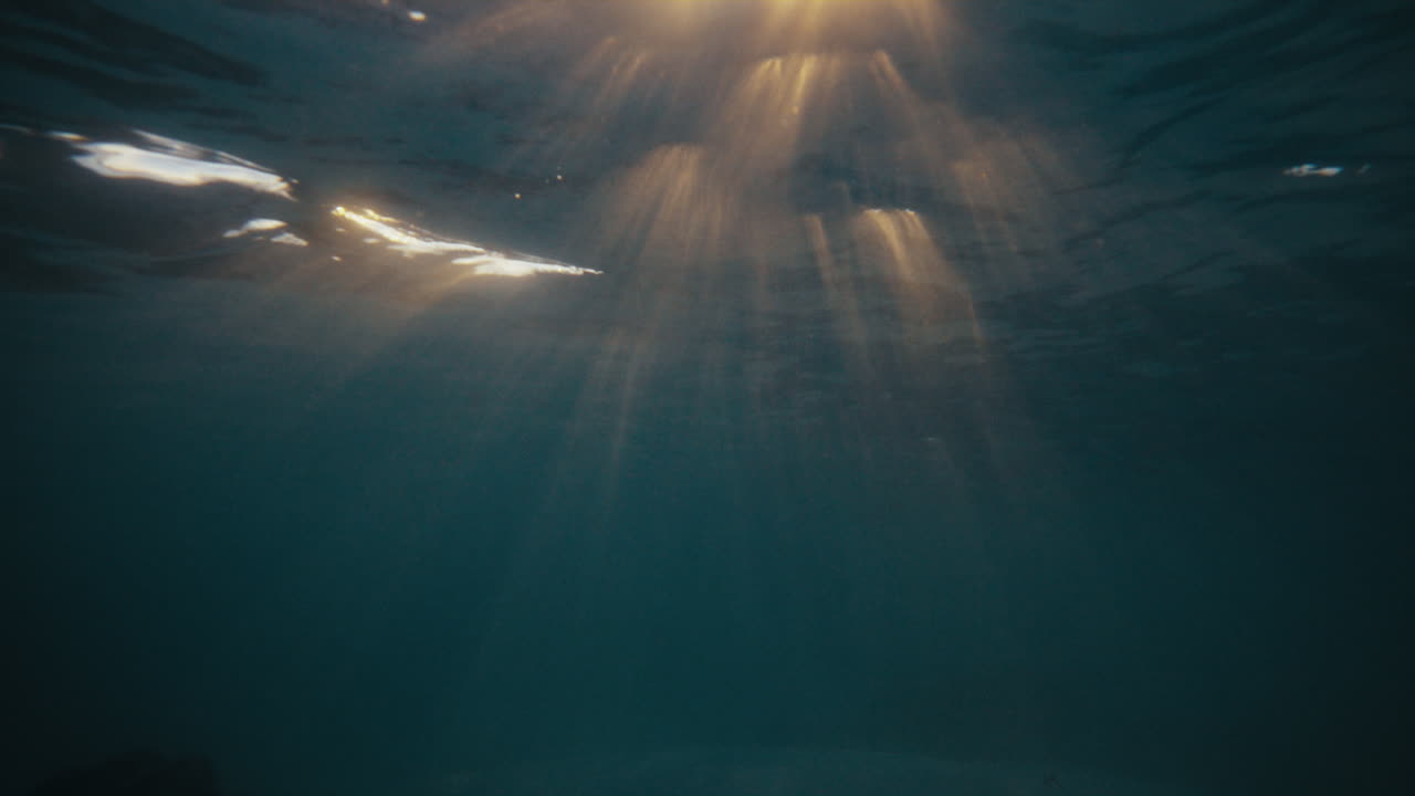 Sun rays filter by water creating glowing beams beneath the ocean surface