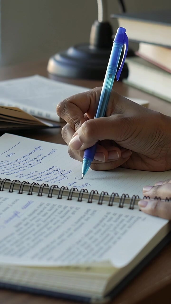 Video verticale: Mano destra che si abbassa con una penna blu per segnare su un blocco a spirale sulla scrivania, manica rosa per lo studio