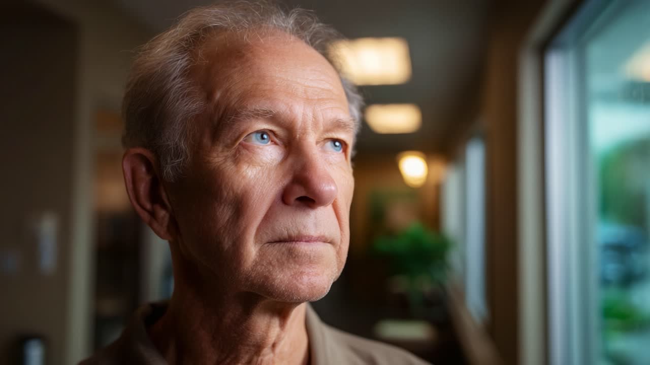 Un anciano introspectivo mira pensativo a través de una ventana, capturando momentos de reflexión y serena determinación en un entorno tranquilo