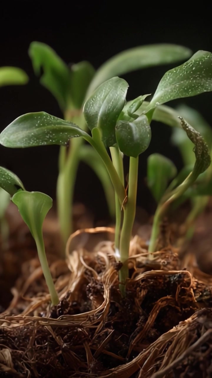 Lebendig grüne Sämlinge sprießen aus nährstoffreicher Erde und zeigen die Schönheit des Wachstumsprozesses der Natur in einer Nahaufnahme, einer üppigen und gesunden Pflanzenumgebung.
