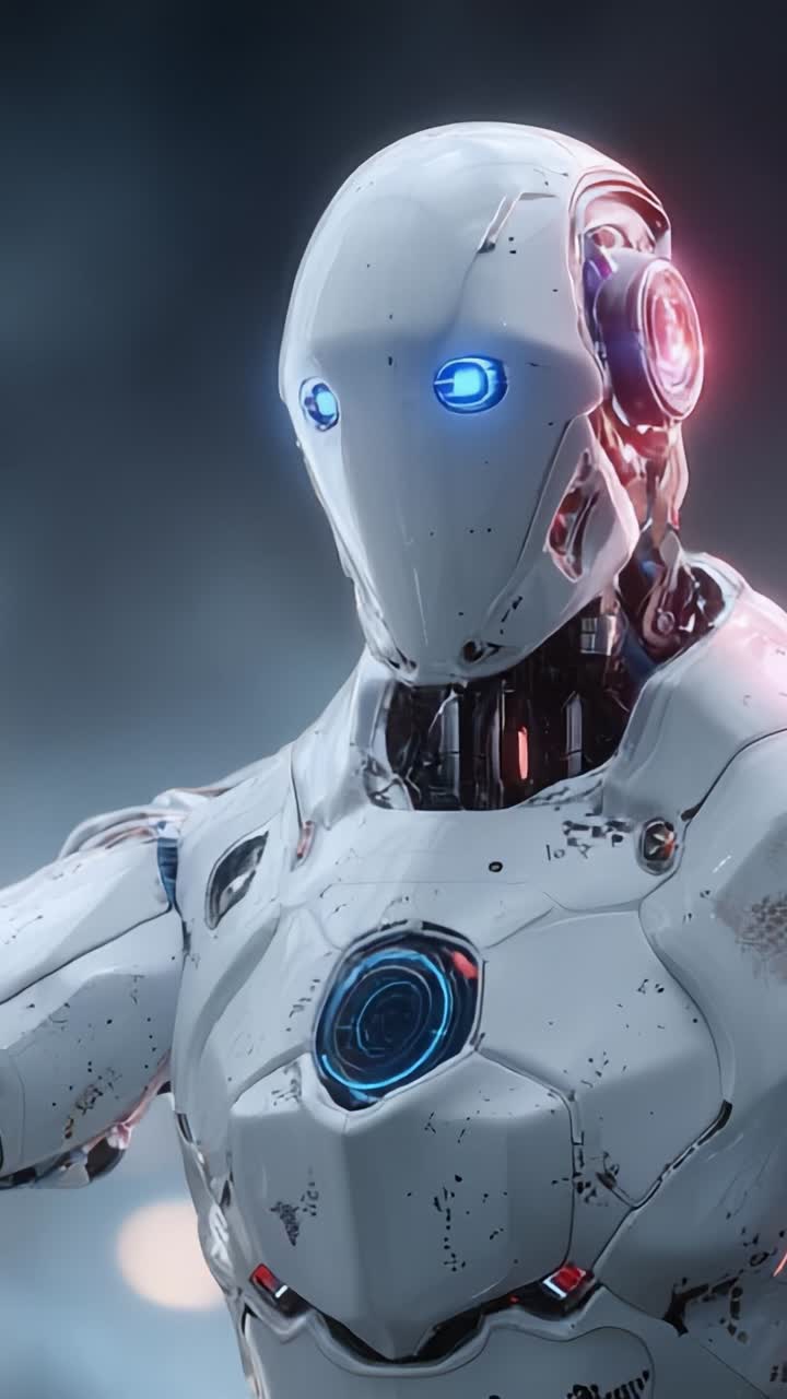 Fütüristik Robot Yakın Çekimi: Olağanüstü Ayrıntılar ve Geliştirmelerle Göz Alıcı Bir Görsel Deneyim için Bilim Kurgu Ortamında İleri Teknoloji ve Design’ı Vurguluyor