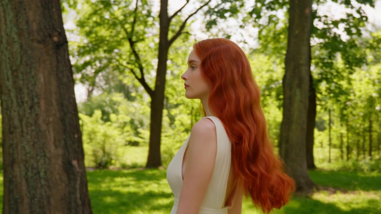 Redhaired Caucasian Woman In Park, Strolls Past Sunlit Trees In White Dress Profile Shots Highlight Flowing