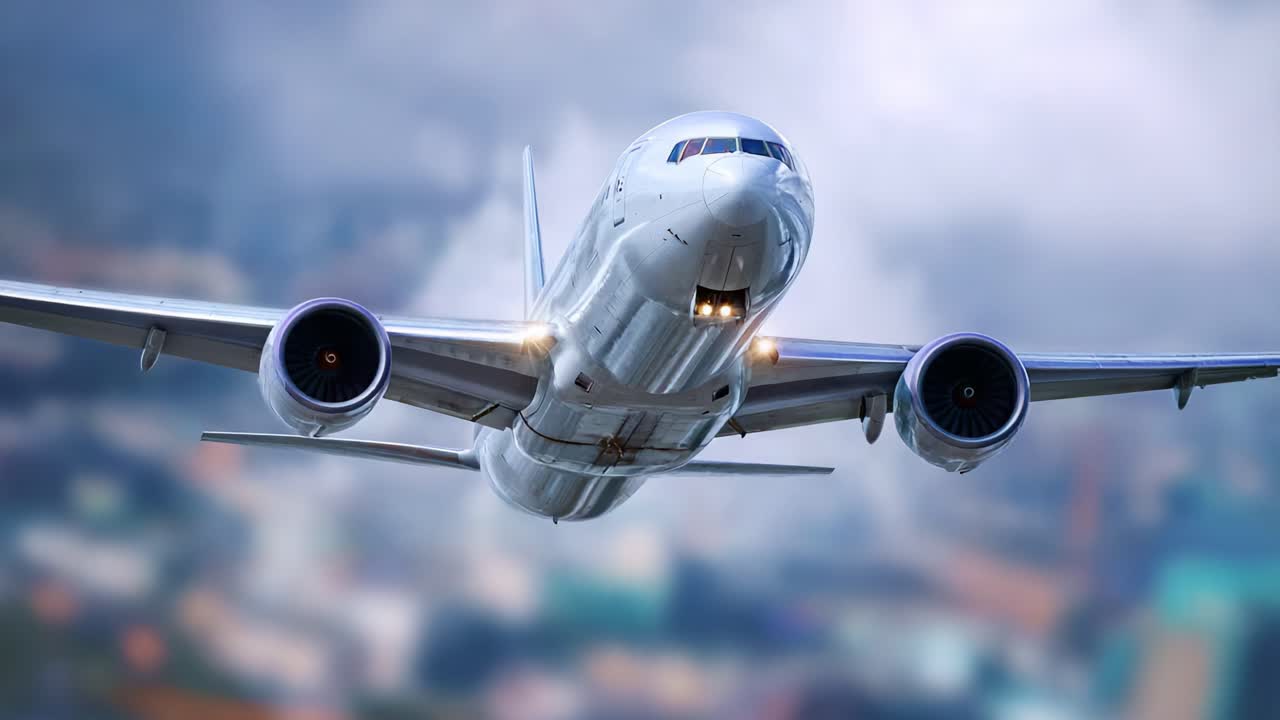 Un aereo commerciale esegue con eleganza manovre nel cielo, mostrando il suo design elegante e i motori potenti sullo sfondo di nuvole soffici e di un paesaggio urbano.