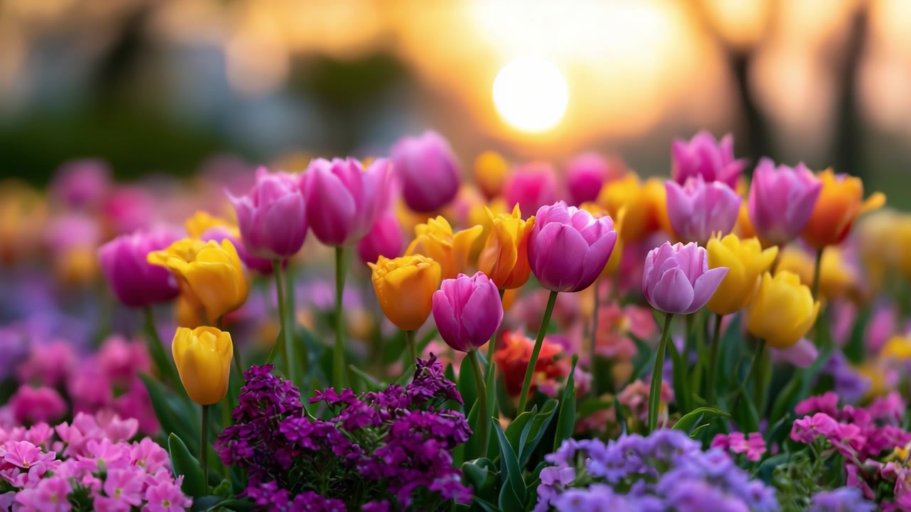 A Vibrant Floral Display at Sunset: Colorful Tulips and Blossoms in Full Bloom Against a Backdrop of Fading Light, Creating a Serene Spring Evening Ambiance
