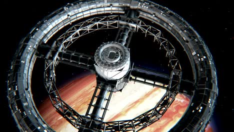 circular space station on jupiter background