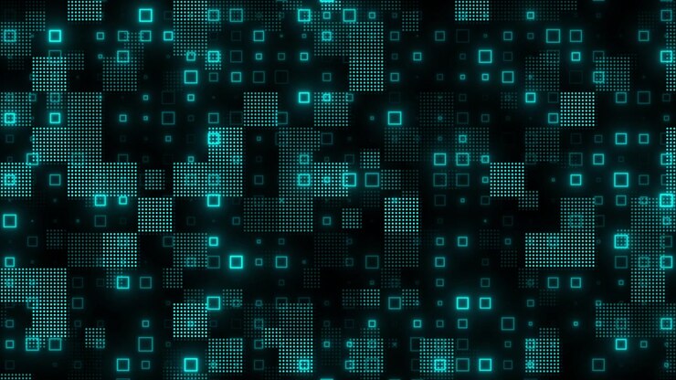 Abstrakt digital bakgrunn med glødende cyanfargede firkanter og prikker