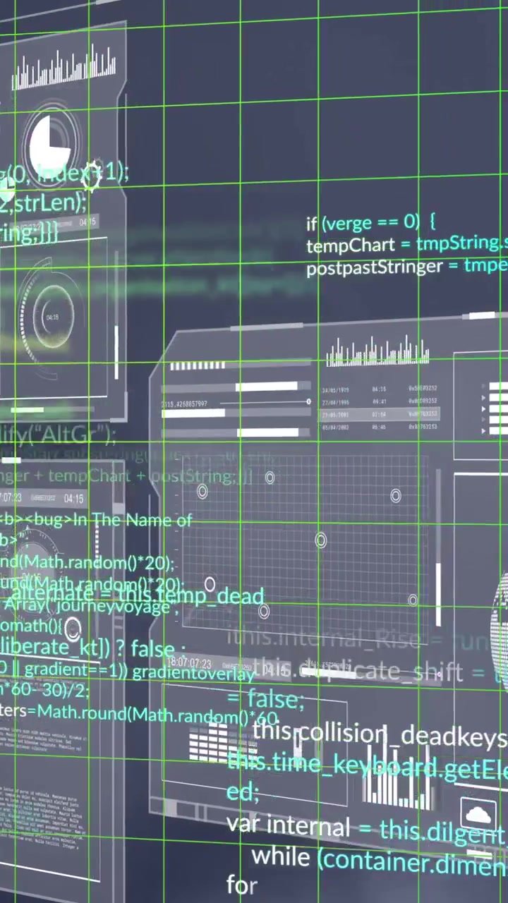 Animasjon av finansiell databehandling over skjermer og rutenett
